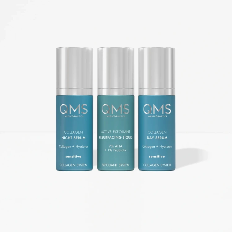 QMS Medicosmetics Day & Night 3-Step Core Routine Set Sensitive zestaw kolagenowy z peelingiem 7% AH